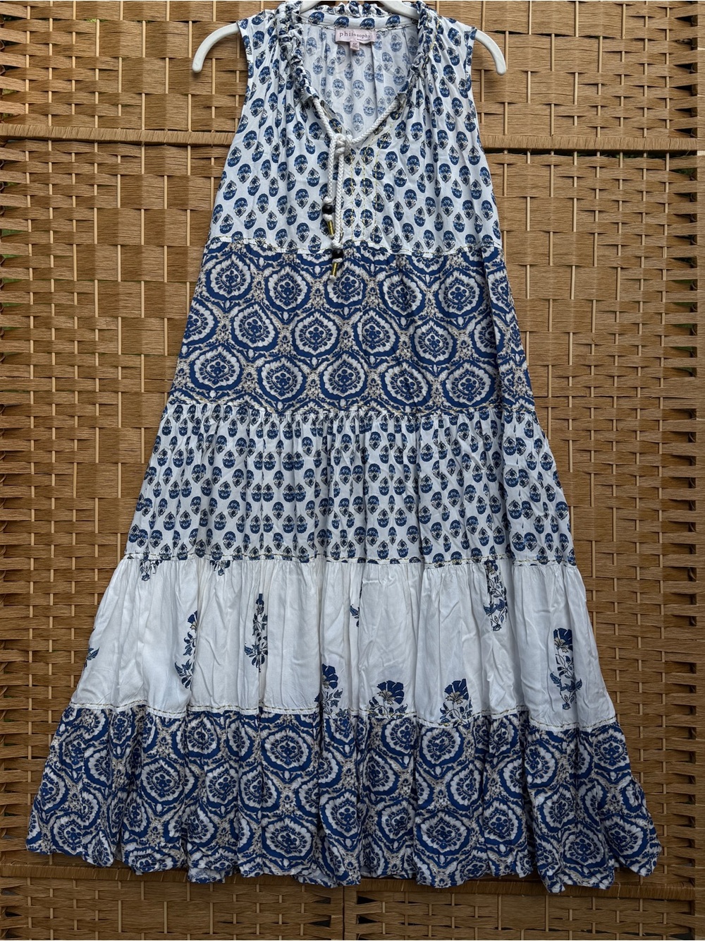Philosophy Blue & White Boho Tiered Maxi Dress Women’s Small Petite